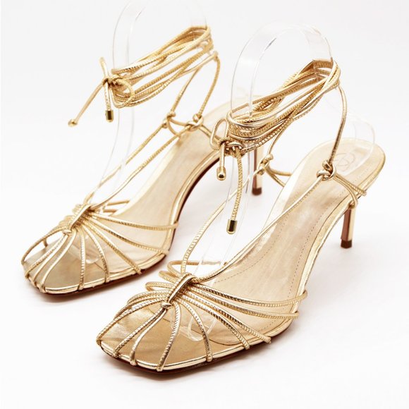 Porte & Paire Net-a-porter Gold Metallic Leather Sandals Lace Up Strappy 39 $280 - Picture 5 of 16